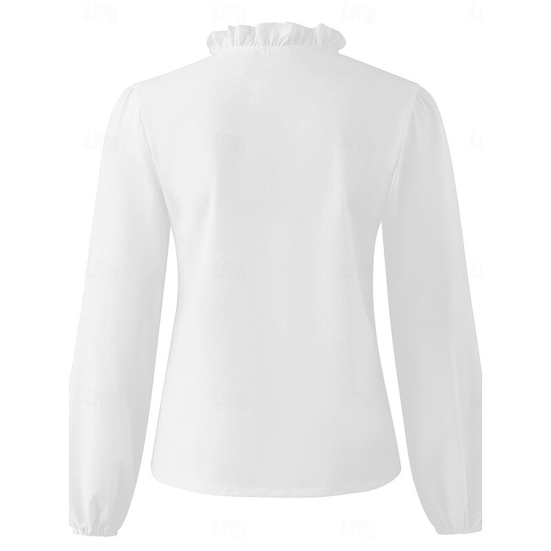 Women's Shirt Blouse Solid Color Basic Casual Long Sleeve V Neck Regular Tops Daily Ruffle White Blue Fall Winter3