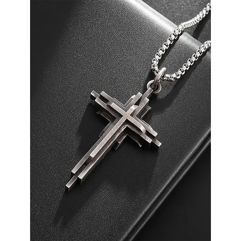 Men's Stainless Steel Layered Cross Pendant Necklace - Gothic Style Religious Jewelry for Casual and Formal Wear2