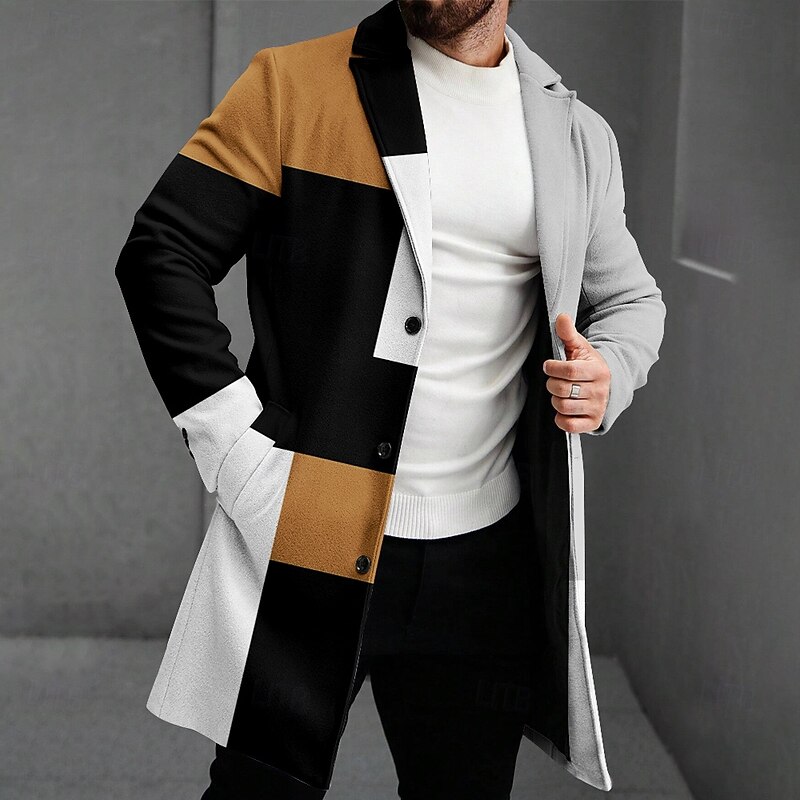 Men's Geometric Winter Coat Fleece Jacket Overcoat Thermal Comfortable Casual Party Evening Wear Street Daily Wear 3D Print Buttons Front Pocket Winter Turndown Long Sleeve Yellow Red Blue3