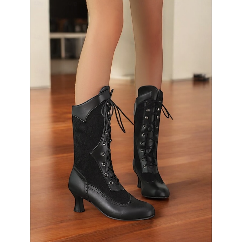 Women's Victorian Lace-Up Mid-Calf Boots with Vintage Lace Design and Faux Leather Accents - Retro Style for Cosplay, Formal Events, and Everyday Wear 11