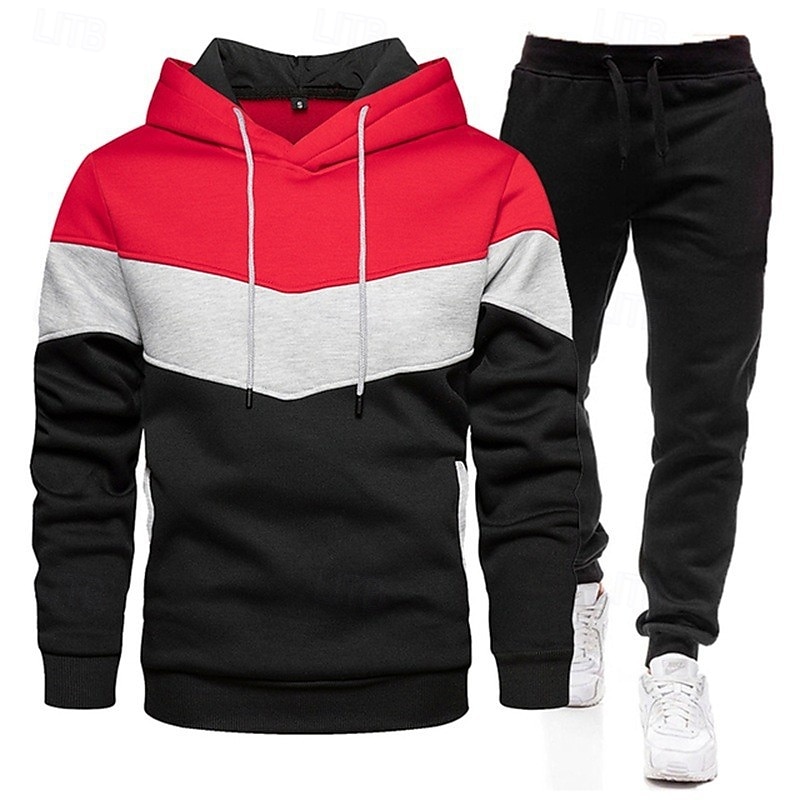 Men's Tracksuit Jogging Suit Drawstring Pocket Color Block Hoodie and Pants Athletic Clothing Set Spring Dark Khaki White Gym Workout Jogging Running Soft Breathable Long Sleeve Sport Activewear4