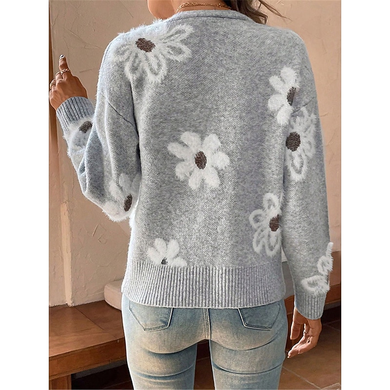 Women's Sweater Cardigan Casual Soft Floral Ribbed V Neck Buttons Knitted Long Sleeve Regular Tops Knit Outdoor Daily Weekend Black Light Grey Fall Winter2