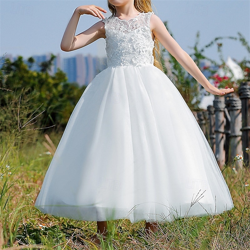 Kids Girls' Flower Girl Dress Party Dress Solid Color Sleeveless Performance Wedding Party Mesh Backless Patchwork Beautiful Sweet Polyester Maxi Party Dress Swing Dress Tulle Dress Spring Fall 4-12