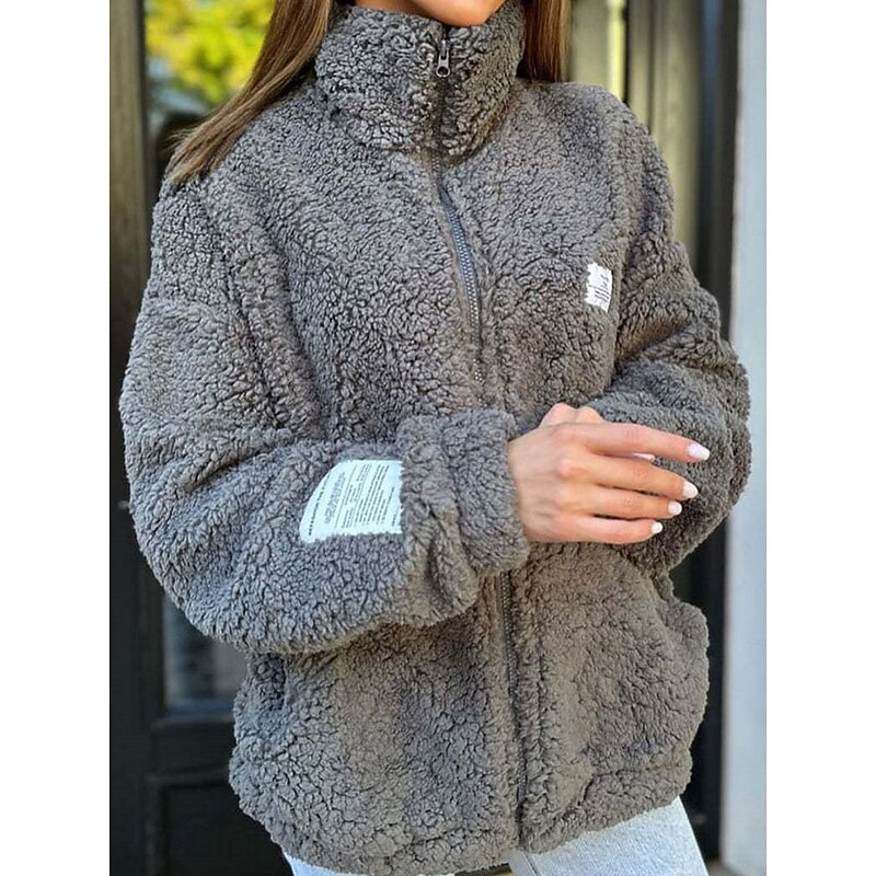 Women's Fleece Jacket Teddy Coat Warm Breathable Zipper Pocket Fleece Lined Casual Plain Vacation Street Daily Wear Going out Zipper Regular Stand Collar Regular Fit Long Sleeve Outerwear White Pink3