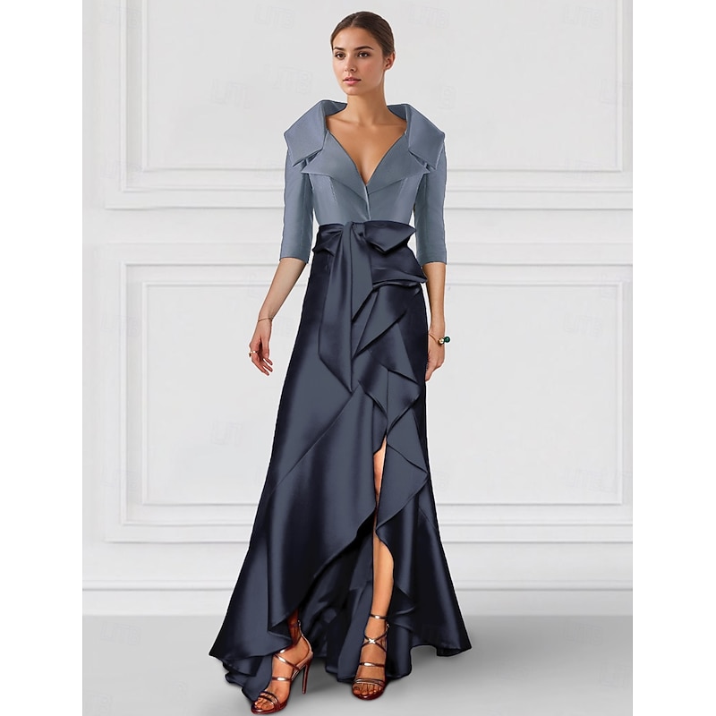 A-Line Evening Gown Elegant Dress Tuxedo Dress Black Tie Asymmetrical 3/4 Length Sleeve Shirt Collar Pocket Satin with Ruffles Pocket