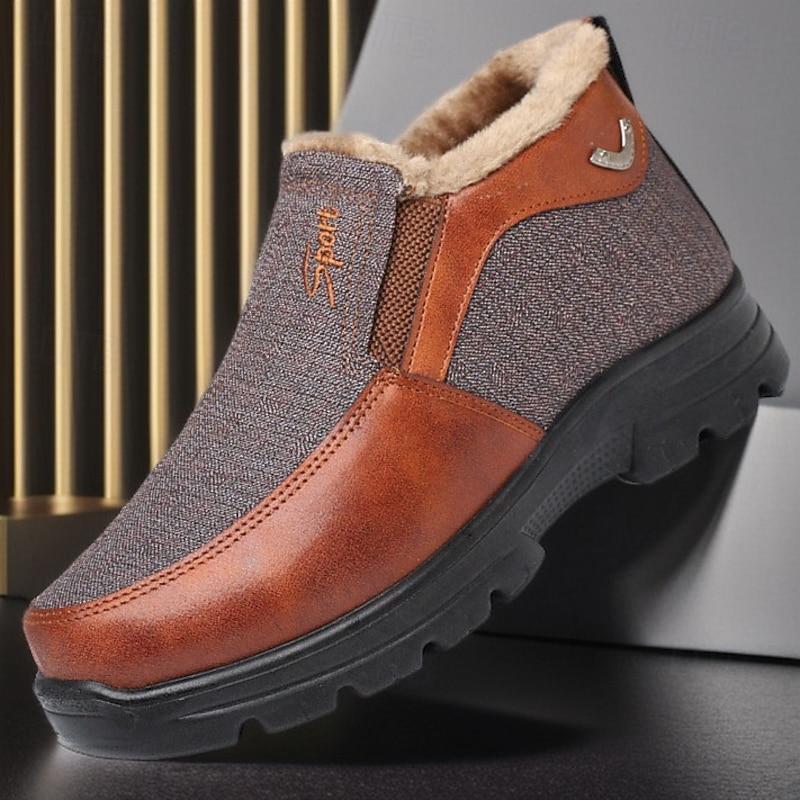 Men's Winter Warm Slip-On Ankle Boots – Brown and Gray with Faux Fur Lining and Non-Slip Sole