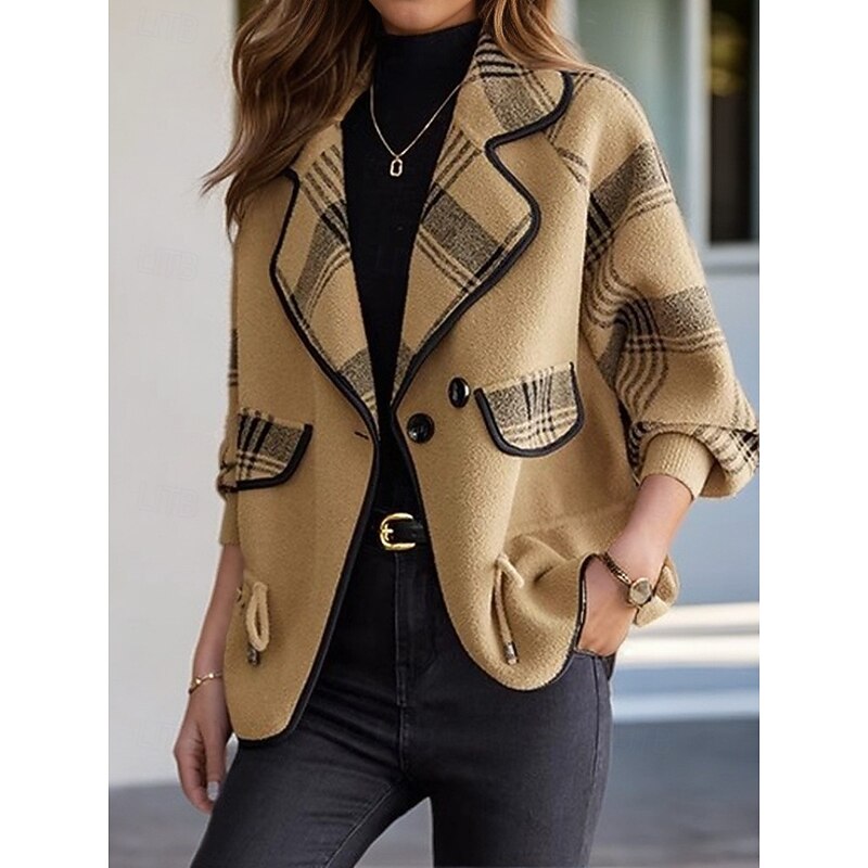 Women's Sweater Cardigan Sweater Jacket Shirt Collar Knit Patchwork Button Knitted Raglan Sleeves Spring Fall Daily Holiday Weekend Daily Stylish Casual Long Sleeve Plaid Color Block Black2