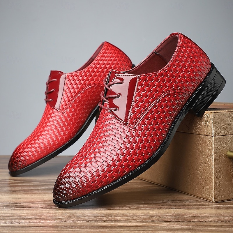 Men's Red Woven Faux Leather Dress Shoes – Stylish Lace-Up Oxfords with Patent Leather Accents for Christmas,Formal & Casual Occasions3