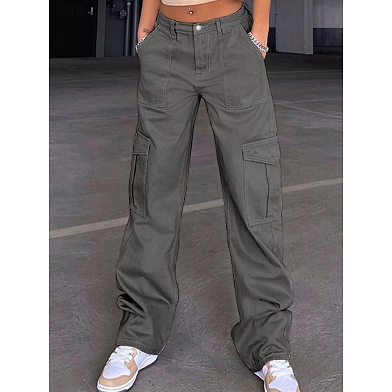 Women's Cargo Pants Fashion Streetwear Full Length High Waist Plain Multi Pocket Comfy Soft Comfortable Micro-elastic Outdoor Street Black Khaki Gray Spring &  Fall Regular Fit