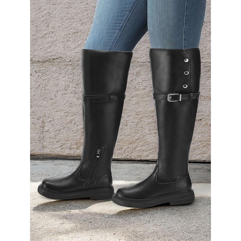 Women's Extra Wide Calf Black Knee-High Boots with Buckle Strap and Side Zipper – Comfortable Fit for Everyday and Casual Outfits3