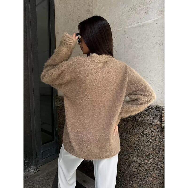 Women's   Knit Fuzzy Oversized Cardigan V Neck Cardigan Fall Winter Work Elegant Streetwear Daily Long Sleeve Solid Color Brown Light Grey3