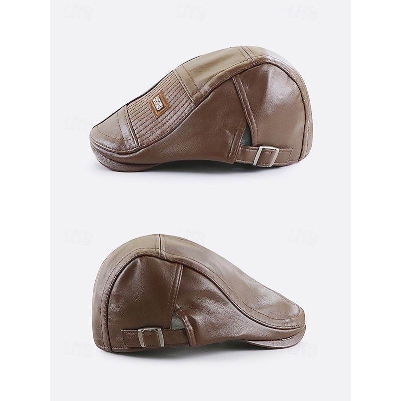 Men's Faux Leather Newsboy Cap with Classic Stitching Detail, Vintage Flat Cap for Casual and Outdoor Wear4