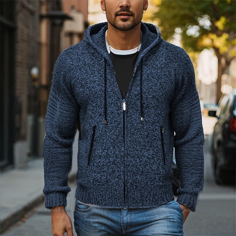 Men's Cardigan Ribbed Chunky Knit Regular Color Block Ribbed Solid Color Hooded Knitwear Elegant Home Work Clothing Apparel Bishop Sleeve Spring Fall Navy Blue Brown M L XL4