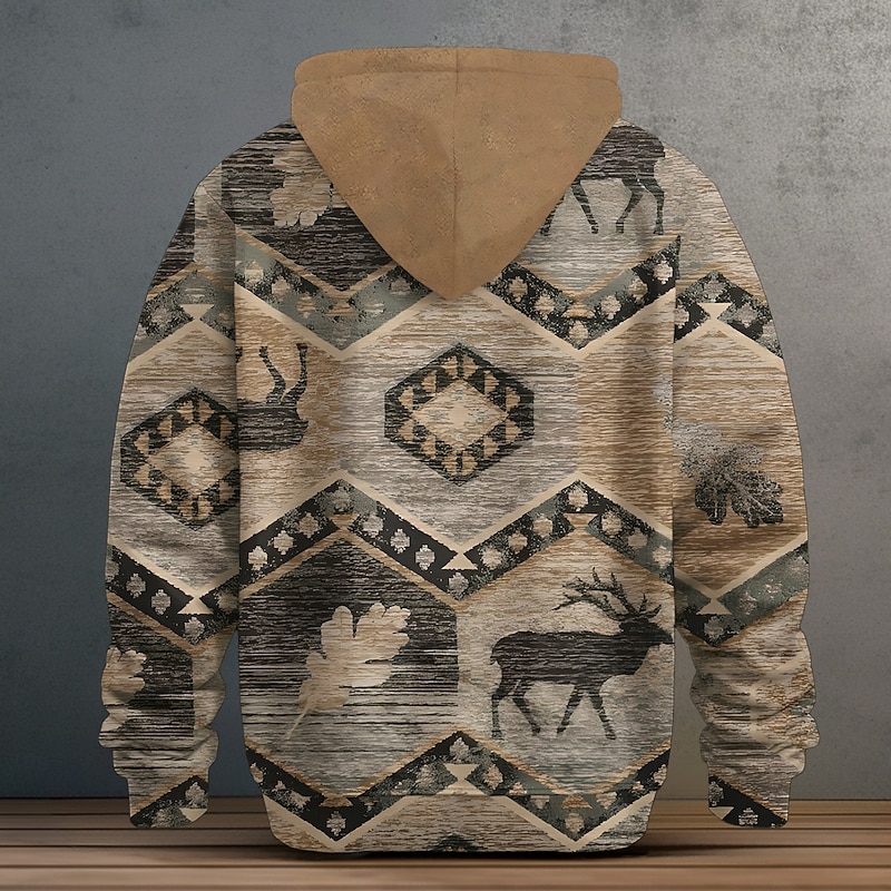 Men's Cowboy Deer Fleece Hoodie Hoodies Fashion Ethnic Long Sleeve Hooded Vacation Sports Outdoor Streetwear Khaki Drawstring Fall Winter Designer3
