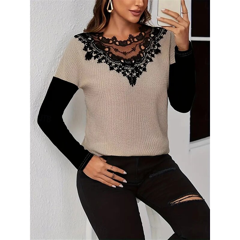 Women's Elegant Lace Tops Eyelet Blouse Fashion Modern Casual Plain Regular Tops Long Sleeve Crew Neck Regular Fit Daily Weekend Romantic Petite Tops Summer Holiday Wear Khaki Fall Winter 6