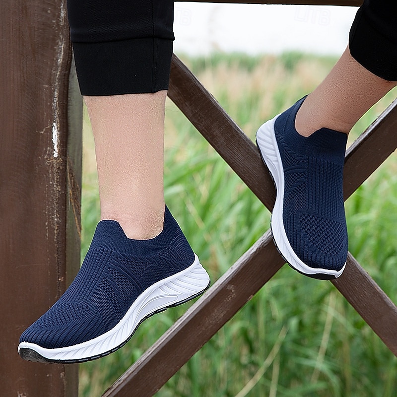 Men's Navy Blue Slip-On Athletic Sneakers - Lightweight Flyknit Mesh Casual Walking Shoes with Breathable Design for Everyday Comfort and Style4