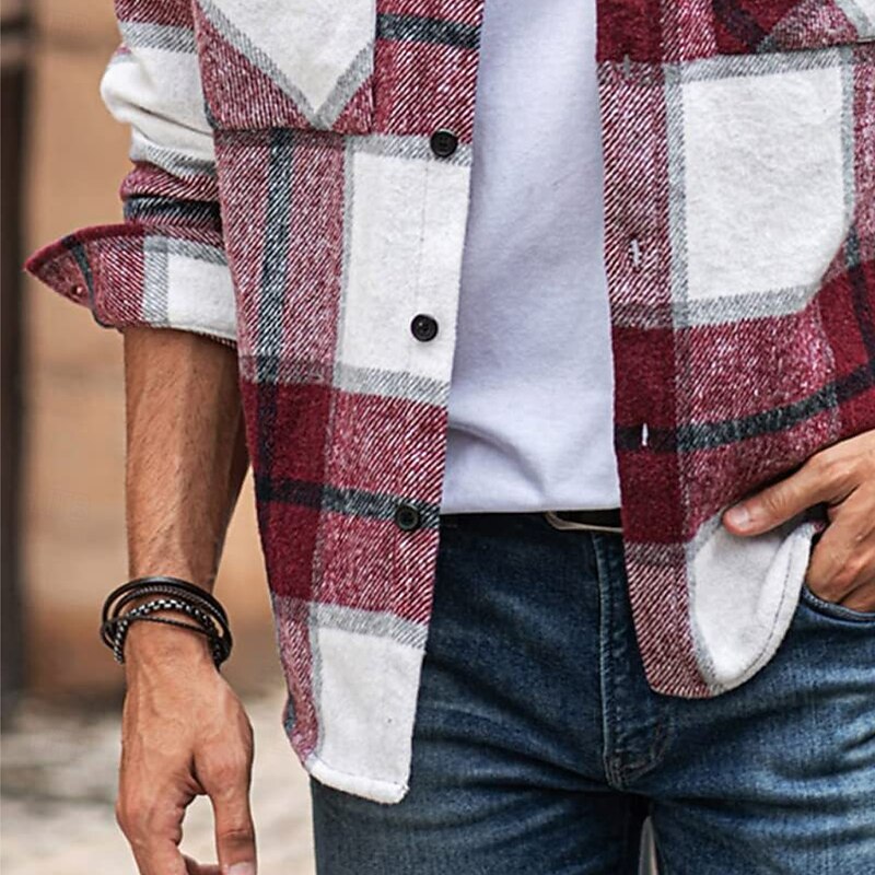 Men's Shirt Flannel Shirt Overshirt Lattice Outdoor Street Red Blue Green Khaki Long Sleeve Turndown Spring &  Fall Clothing Apparel4