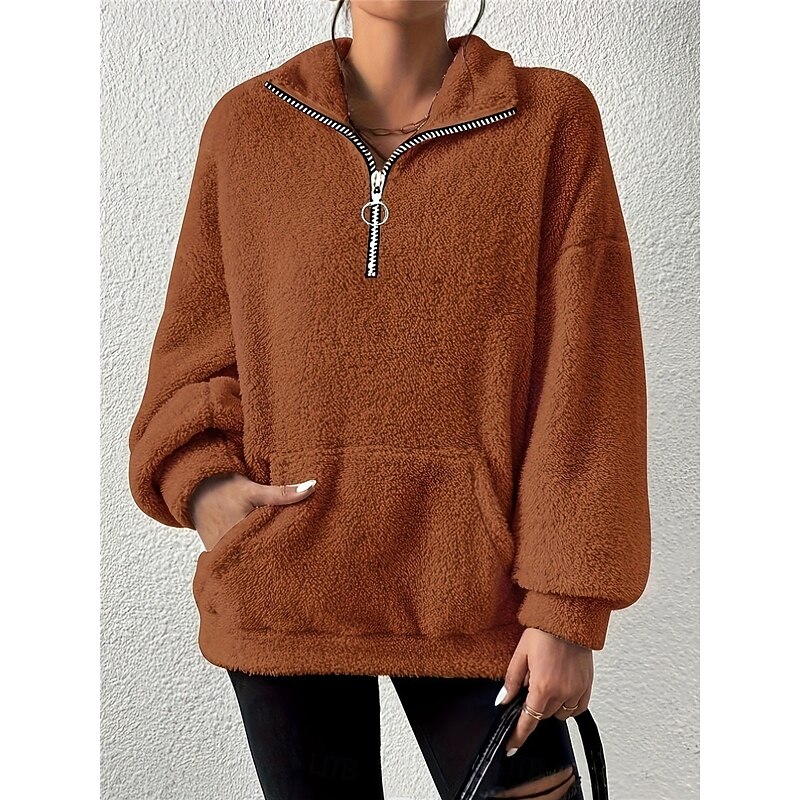 Women's Sweatshirt Casual Sherpa Fleece Plain Street Dailywear Turtleneck Pocket Half Zip Long Sleeve Brown Beige Gray Fall Winter2