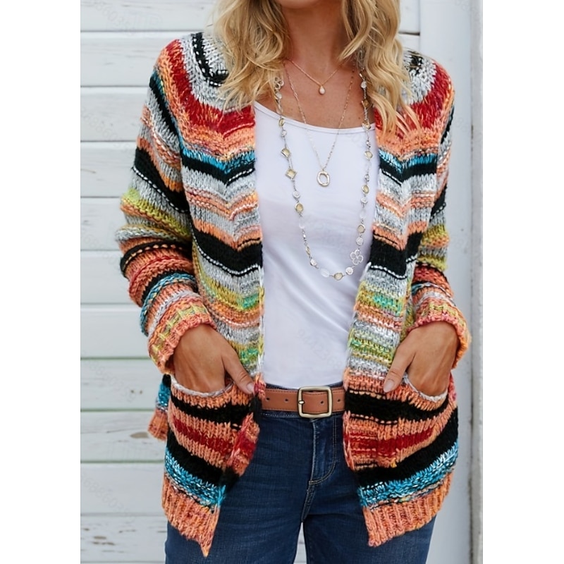 Women's Sweater Striped Cardigan Open Front Ribbed Knit Pocket Knitted Fall Winter Outdoor Daily Weekend Casual Soft Long Sleeve Red Blue2