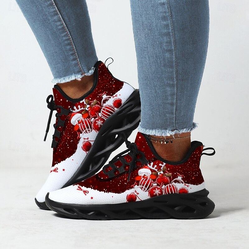 Women's Christmas-Themed Athletic Sneakers - Festive Red and White Design, Lightweight and Breathable, Perfect for Holiday Celebrations and Casual Wear