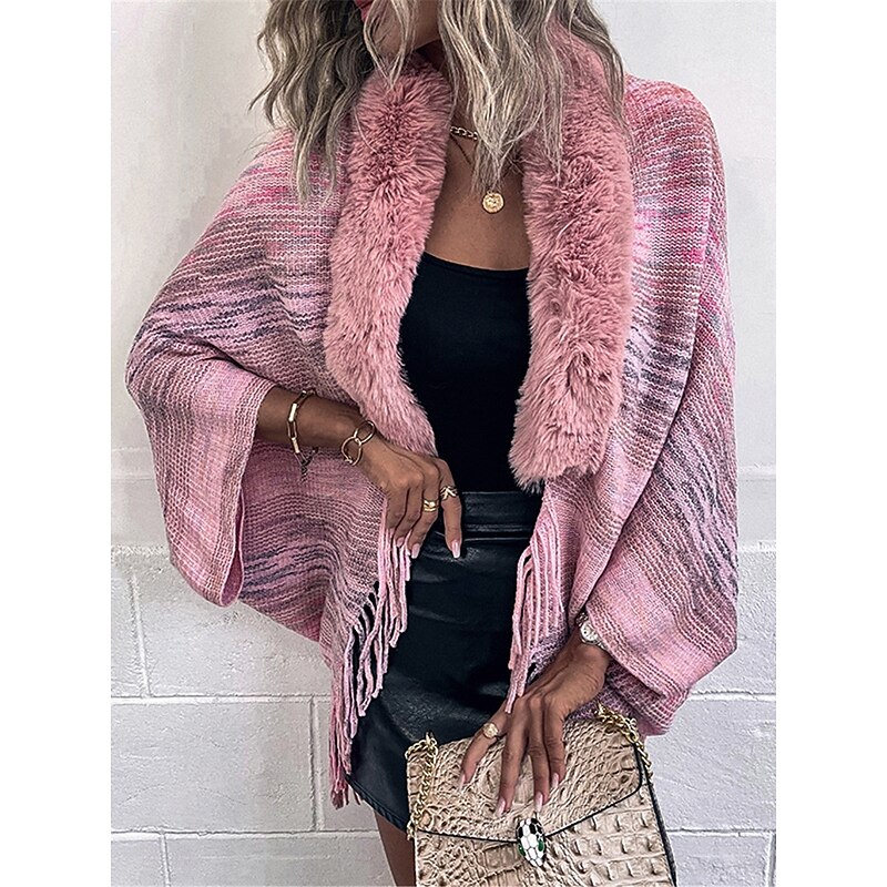 Women's Shrug Casual Soft Rainbow Ribbed Open Front Tassel Knitted Faux Fur Trim Long Sleeve Regular Tops Knit Outdoor Daily Weekend Pink Apricot Fall Winter3