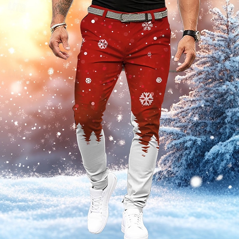 Christmas Men's Christmas Scene Printed Pants Snowflake Fashion Casual Dress Zipper Pocket Mid Waist Dailywear Holiday Vacation Summer Spring Fall 3D Print Slim Fit Inelastic