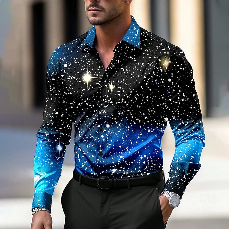 Christmas Men's Star / Galaxy Dress Shirt Button Up Shirt Long Sleeve Artistic Casual Christmas Party Evening Wear Fall Winter Spring & Summer Shirt Collar Button Up 3D Print Red Blue Purple2