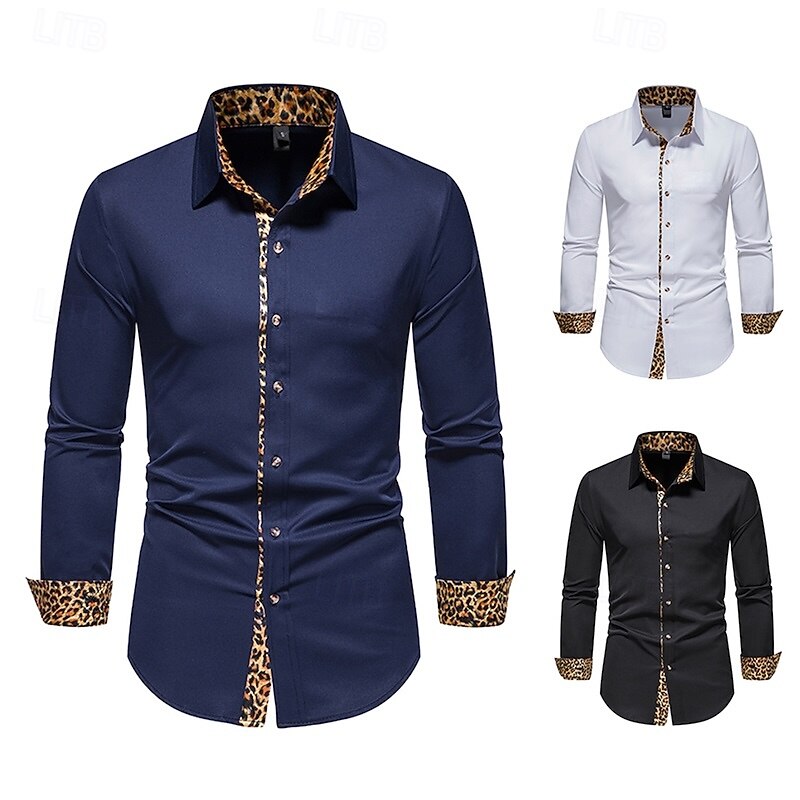Men's Dress Shirt Collared Shirt Button Up Shirt Leopard Wedding Daily Black White Navy Blue Long Sleeve All Seasons Clothing Apparel3