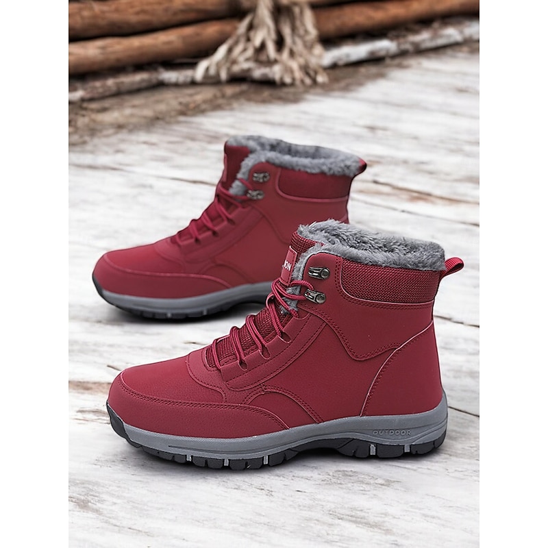 Women's Waterproof Winter Snow Boots - Red Lace-Up Ankle Boots with Faux Fur Lining, Non-Slip Sole, Perfect for Outdoor Activities and Cold Weather