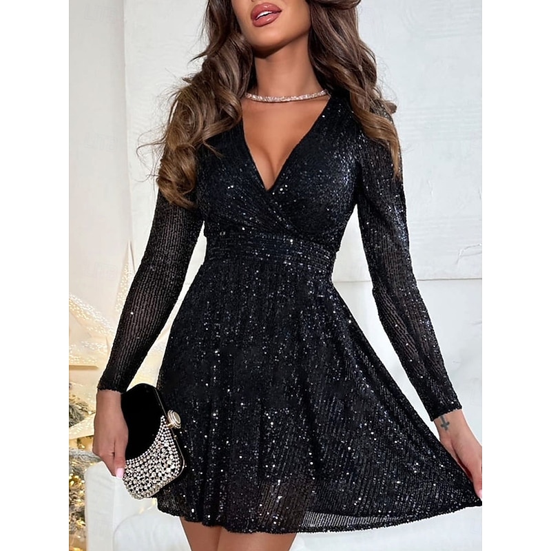 Women's Mini Dress Black Dress Sequin Dress Casual Dress Cocktail Dress Casual Party Regular Fit Plain Long Sleeve V Neck Black White Fuchsia Fall