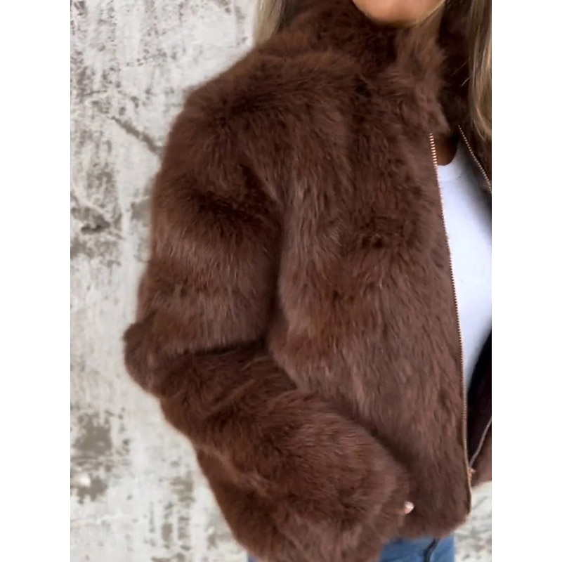Women's Faux Fur Coat Warm Breathable Zipper Casual Plain Vacation Street Daily Wear Going out Zipper Short Stand Collar Regular Fit Long Sleeve Outerwear Red Brown Green Fall Winter3