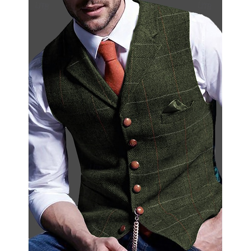 Men's Retro Vintage Vest Herringbone Tailored Fit Notch Single Breasted More-button Blue Green Khaki 2023