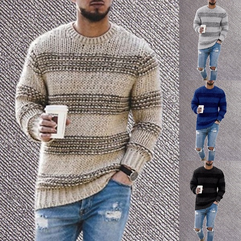 Men's Pullover Sweater Jumper Knit Sweater Ribbed Crochet Knit Regular Knitted Stripes Crew Neck Fashion Basic Daily Wear Date Clothing Apparel Fall & Winter Black Blue S M L