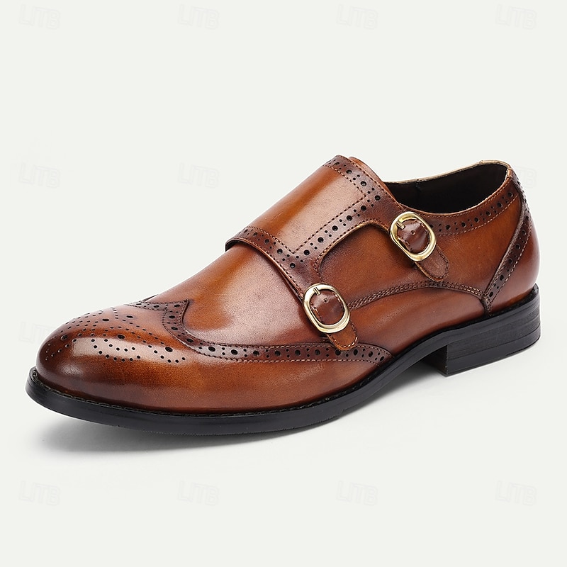 Men's Brown Double Monk Strap Shoes with Brogue Detailing - Premium Cowhide Leather Formal Dress Shoes for Business & Special Events2