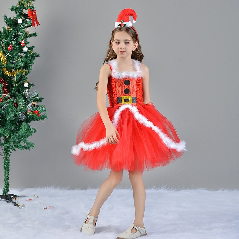 Santa Claus Mrs.Claus Outfits Tutu Santa Suits Girls' Cosplay Costume Kid's Christmas New Year Christmas Eve Christmas Party Dress Headpiece Cloak3