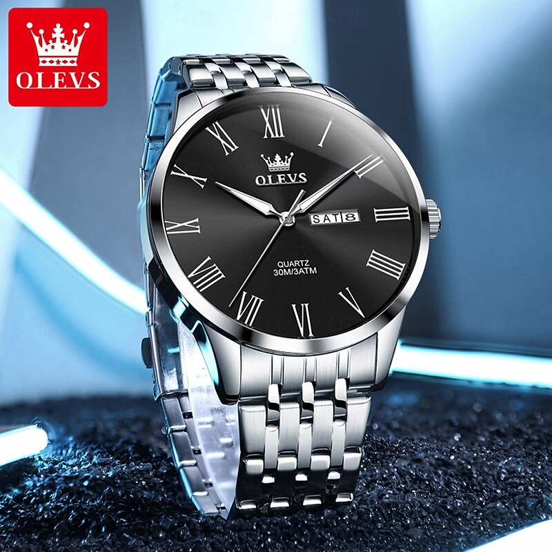 OLEVS 3633 New Men's Watch Fashion Simple Roman Numbers Scale Stainless Steel Quartz Watch for Men Auto Date Business Wristwatch2