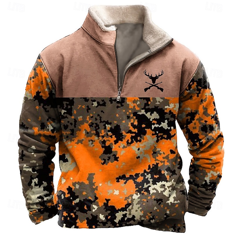 Men's Camo / Camouflage Cowboy Sweatshirt Quarter Zip Sweatshirt Long Sleeve Sweatshirt Stand Collar Quarter Zip Casual Vintage Retro 3D Print Vacation Going out Streetwear Half Zip Fall Winter