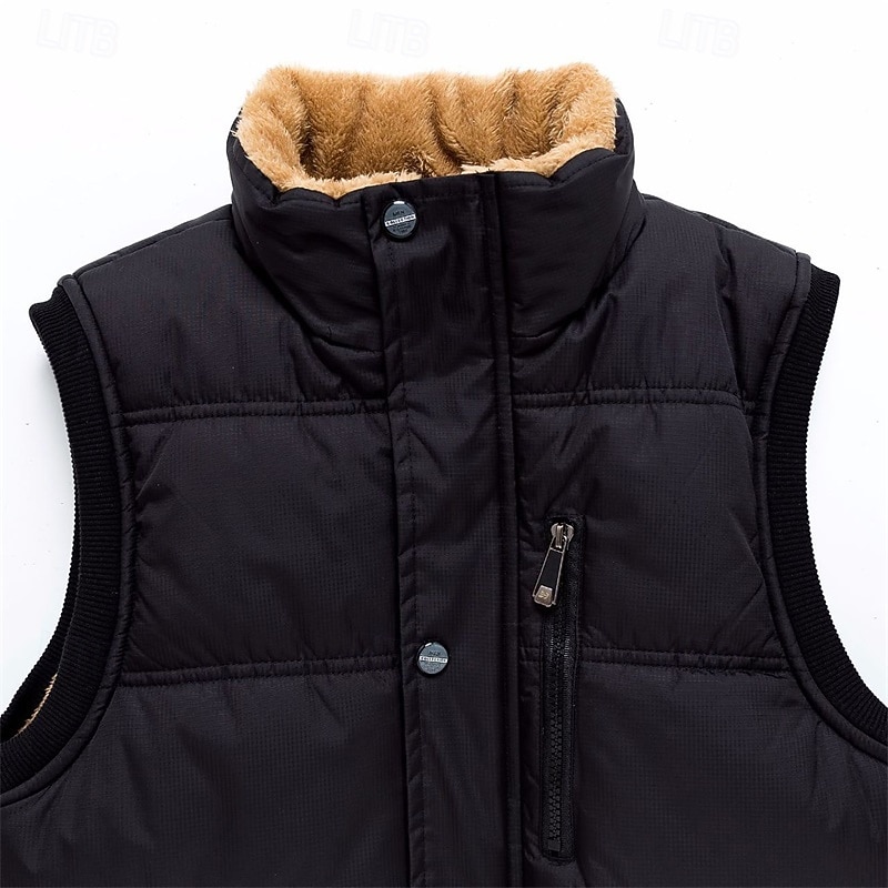 Men's Puffer Vest Fleece Vest Gilet Daily Date Vacation Fashion Casual Fall & Winter Pocket Polyester Warm Comfortable Solid Color Hidden Buttoned Front Stand Collar Regular Fit Black Blue Vest 5