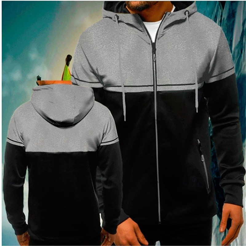 Men's Hoodie Hoodie Jacket Drawstring Patchwork Long Sleeve Outerwear Casual Athleisure Fall Color Block Soft Breathable Gym Workout Walking Jogging Sportswear Activewear Dark Grey Yellow Red2