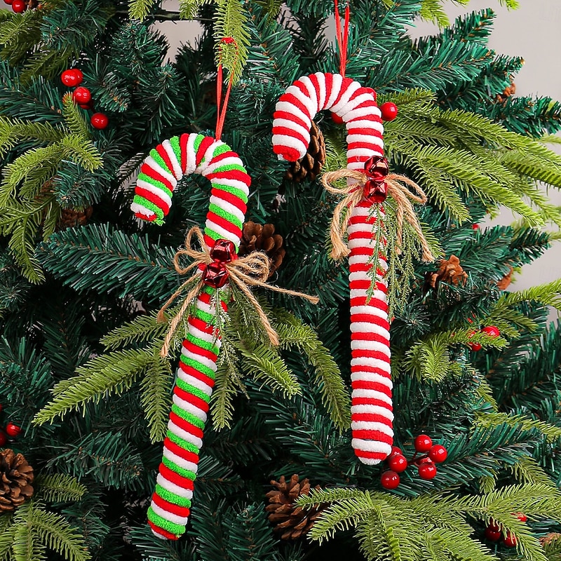 Christmas Peppermint Candy Cane Ornaments, Red and White Striped Bent Hook Hanging Decorations, Festive Xmas Tree Decor Props for Holiday Parties