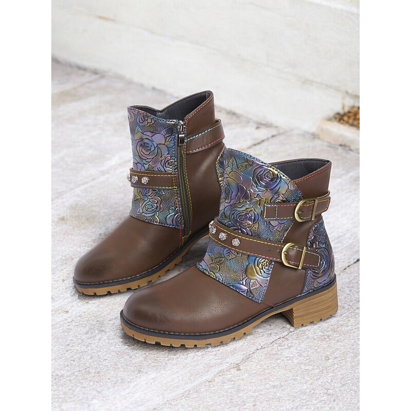 Women's Floral Embossed Ankle Boots – Vintage Buckle Design, Chunky Heel, and Side Zipper for Casual Wear