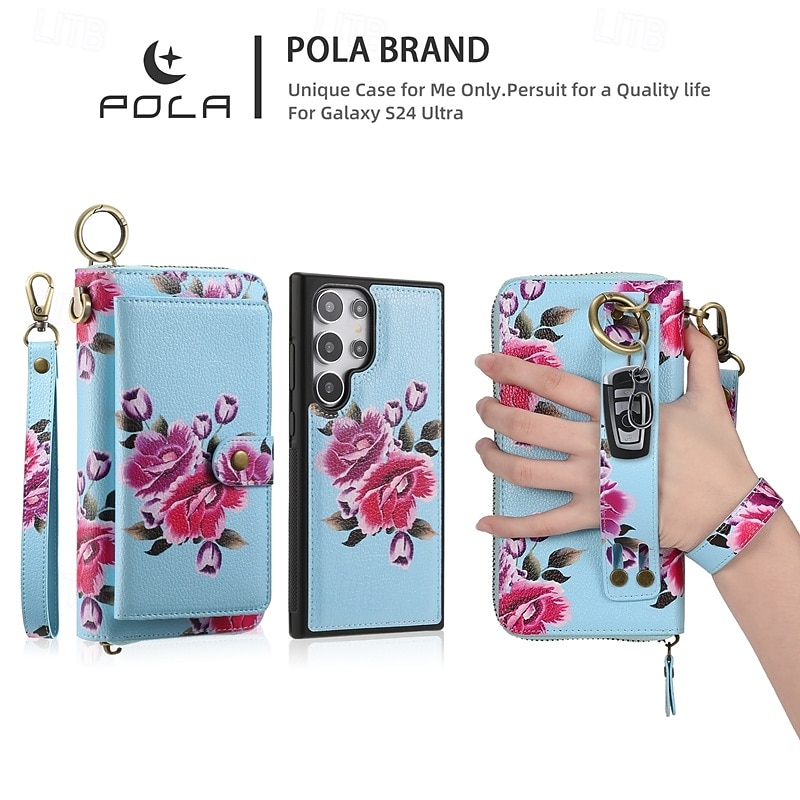 Phone Case For S24 S23 Ultra Plus S22 Plus  Ultra Back Cover Wallet Case Zipper with Wrist Strap Card Slot Retro TPU PU Leather2