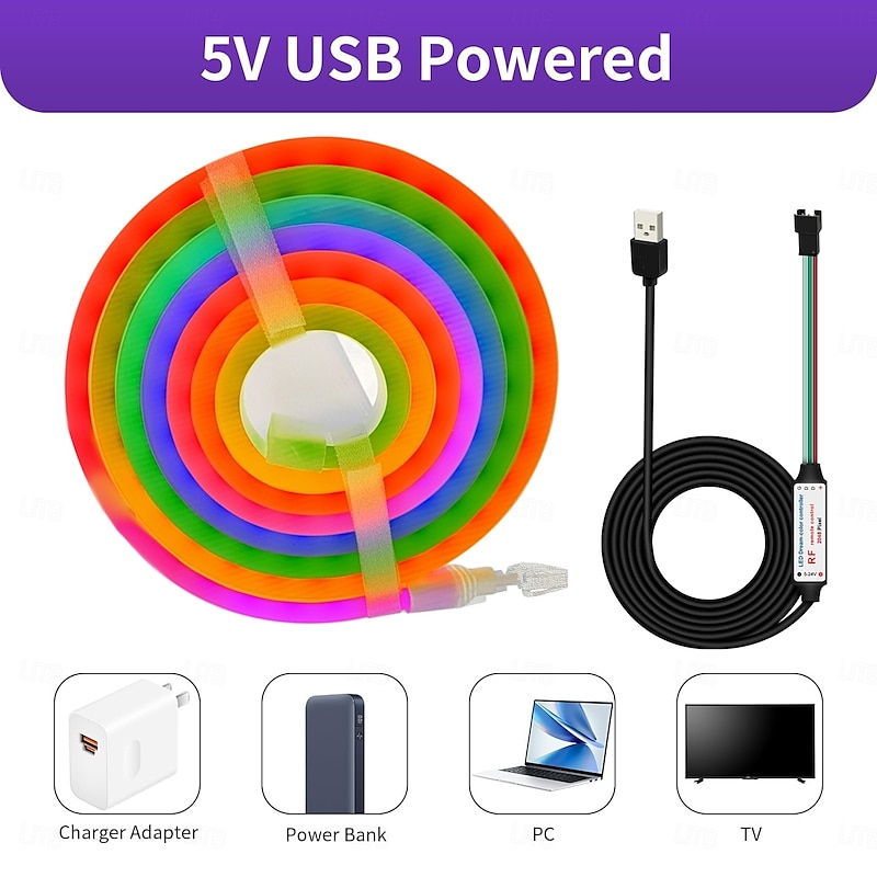 RGBIC LED Neon Rope Light,1.6-16FT USB 5V Color Changing Strip Light with APP & Music Control, IP65 Waterproof for Bedroom & Party Decor 1PC3