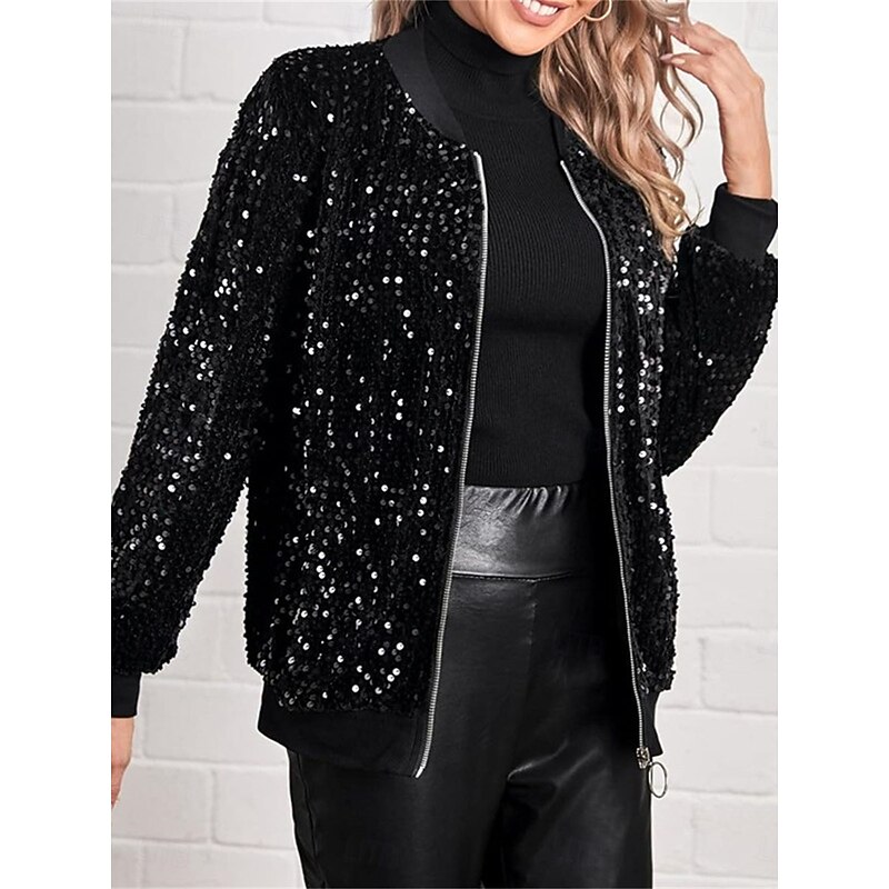 Women's Bomber Jacket Outdoor Street Daily Wear Fall Winter Short Coat Regular Fit Thermal Warm Breathable Stylish Casual Jacket Long Sleeve Plain Sequins with Pockets Black4