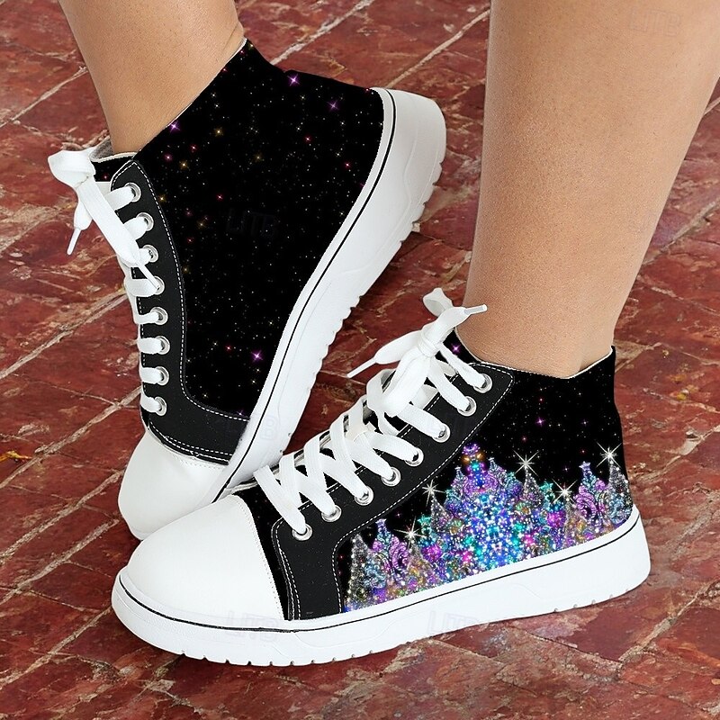 Women's Christmas Tree Print High-Top Sneakers - Festive Lace-Up, Lightweight Casual Shoes for Holiday Style