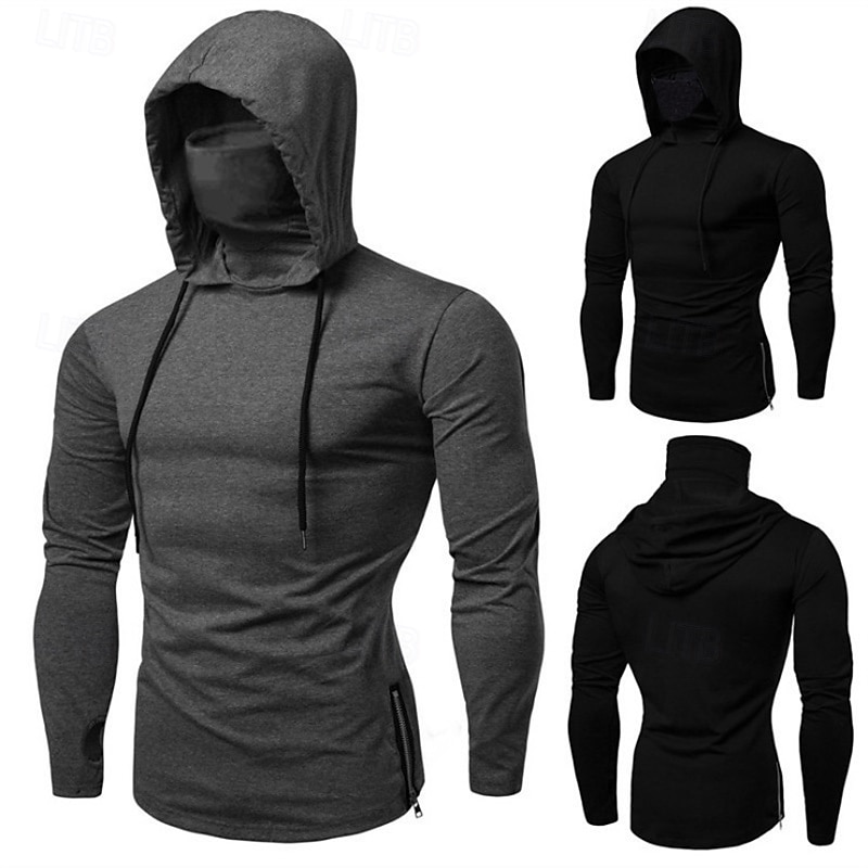 Men's Hoodie with Mask Fitness Hoodie Workout Hoodie Long Sleeve Hoodie Casual Athleisure Fall Solid Colored Thermal Warm Windproof Breathable Gym Workout Walking Jogging Sportswear Activewear Black