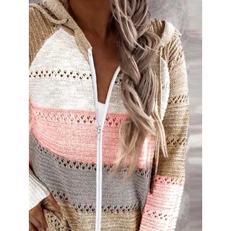 Women's Sweater Pullover Sweater Jumper Casual Soft Striped Ribbed Hooded Knitted Long Sleeve Regular Tops Knit Outdoor Daily Weekend Pink Wine Fall Winter3