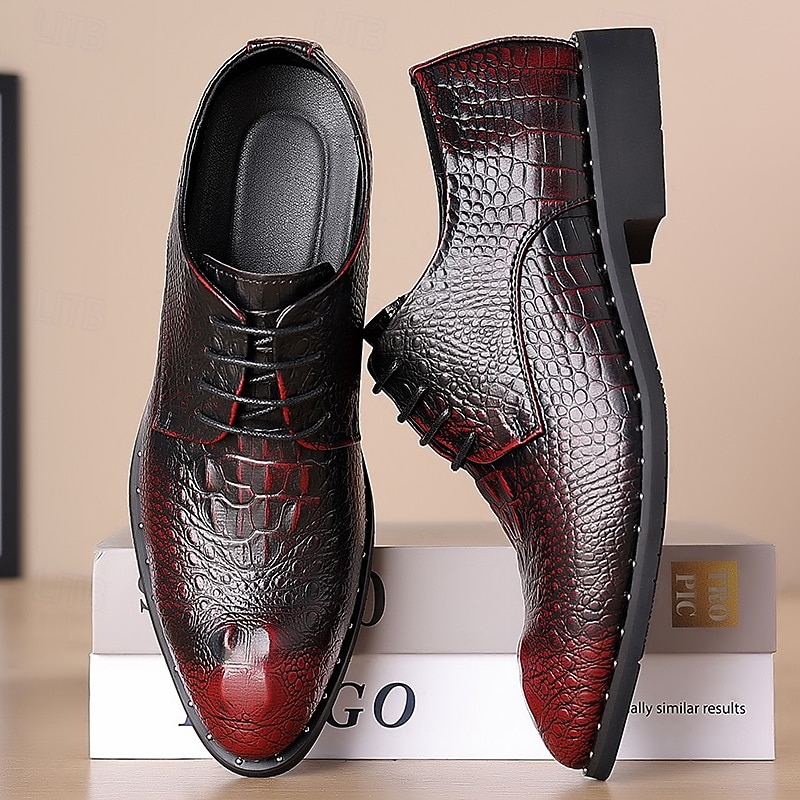 Men's Red and Black Crocodile Pattern Faux Leather Dress Shoes - Lace-Up Formal Oxfords with Embossed Design, Perfect for Business, Weddings, and Special Occasions2