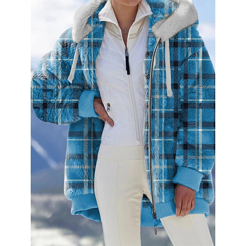 Women's Fleece Jacket Teddy Coat Hoodie Jacket Warm Breathable Zipper Pocket Print Fur Collar Casual Plaid Vacation Street Daily Wear Going out Zipper Regular Hoodie Regular Fit Long Sleeve Outerwear3