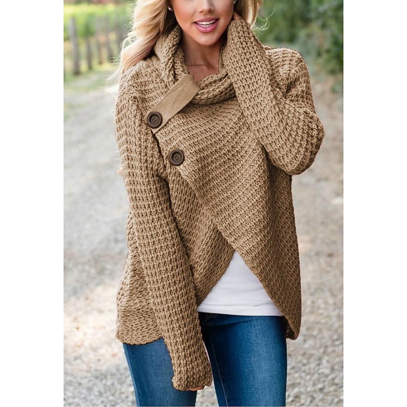 Women's Pullover Sweater Jumper Turtleneck Knit Button Knitted Fall Winter Outdoor New Year Fashion Casual Soft Long Sleeve Solid Color Khaki - Main Image